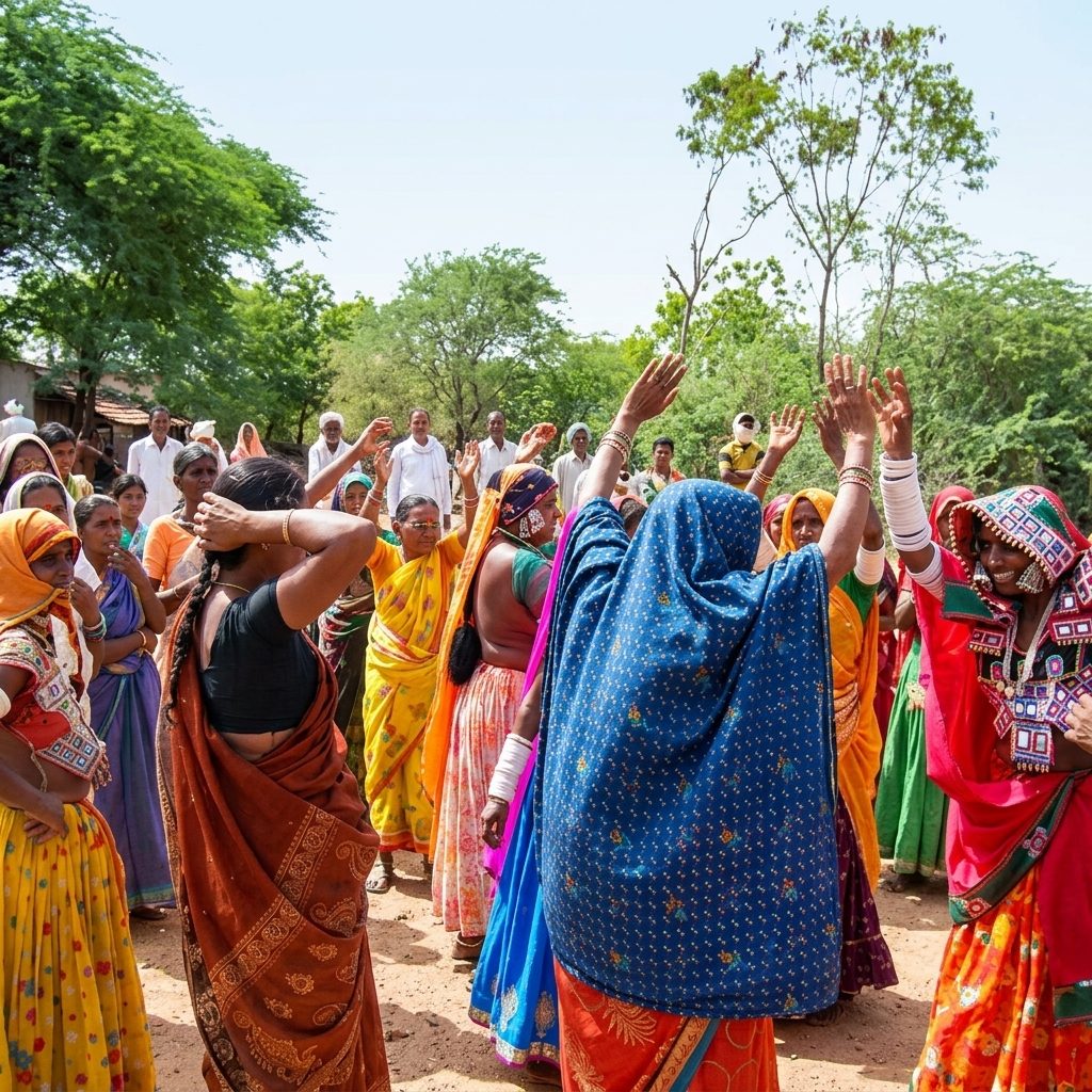 Village women celebrating in colorful saris